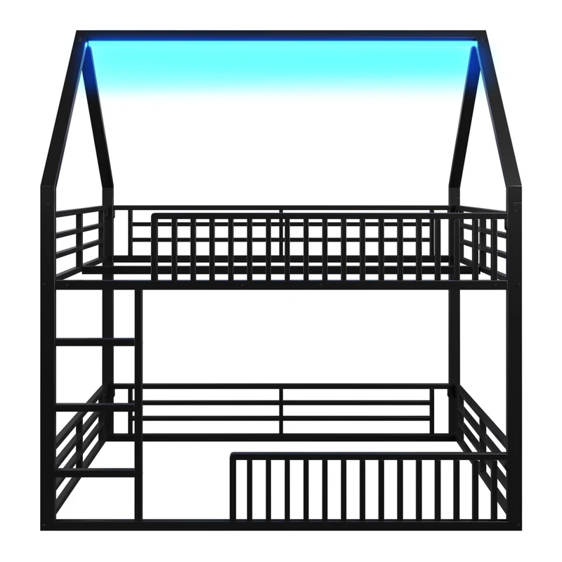 Letto a castello 140x200 cm a forma di casa; struttura in metallo nero con sponde e luce LED; per cameretta