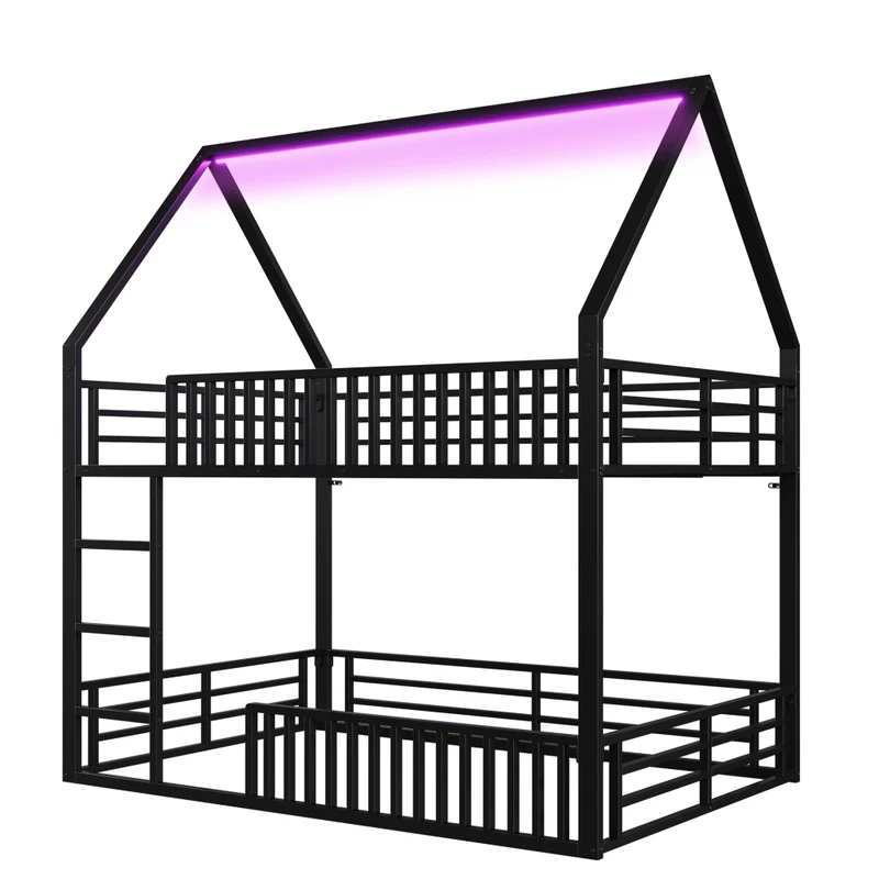 Letto a castello 140x200 cm a forma di casa; struttura in metallo nero con sponde e luce LED; per cameretta