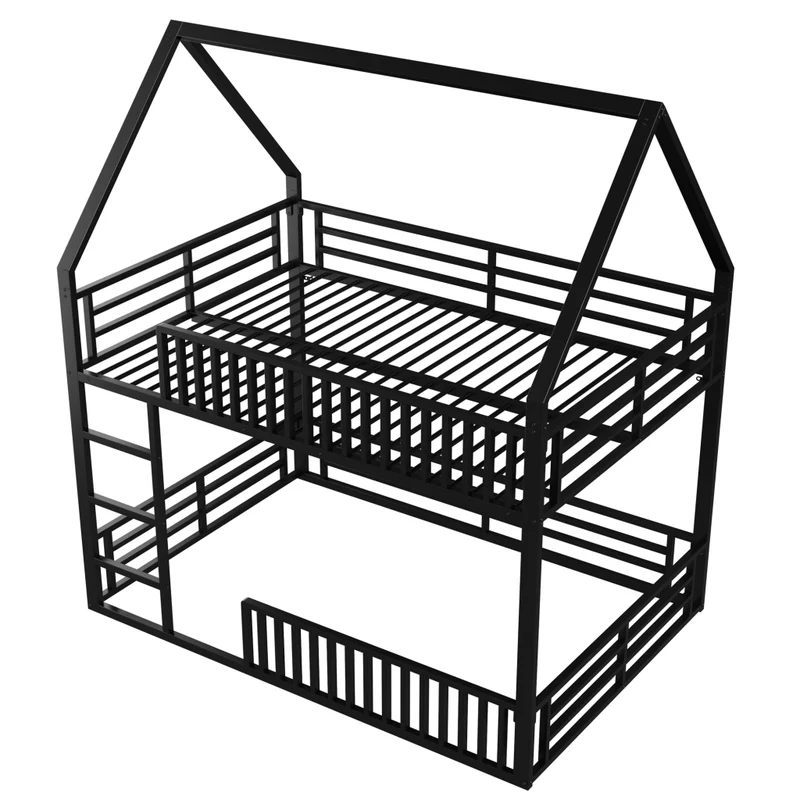 Letto a castello 140x200 cm a forma di casa; struttura in metallo nero con sponde e luce LED; per cameretta