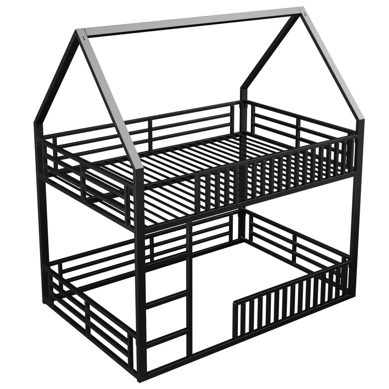 Letto a castello 140x200 cm a forma di casa; struttura in metallo nero con sponde e luce LED; per cameretta