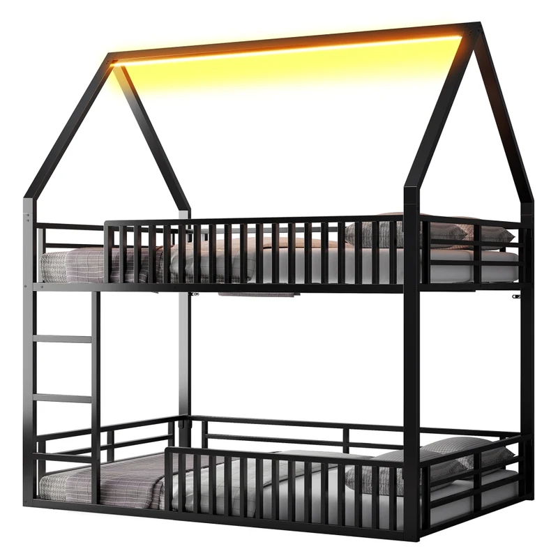 Letto a castello 140x200 cm a forma di casa; struttura in metallo nero con sponde e luce LED; per cameretta