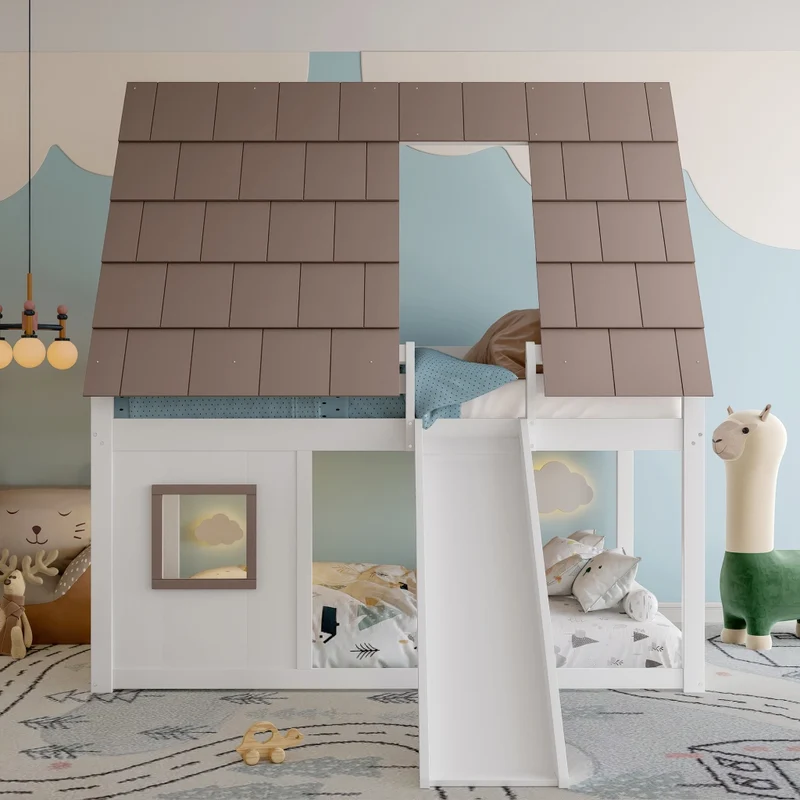 Letto a castello 140x200 cm a casetta in legno con tetto; scala e scivolo; bianco e marrone