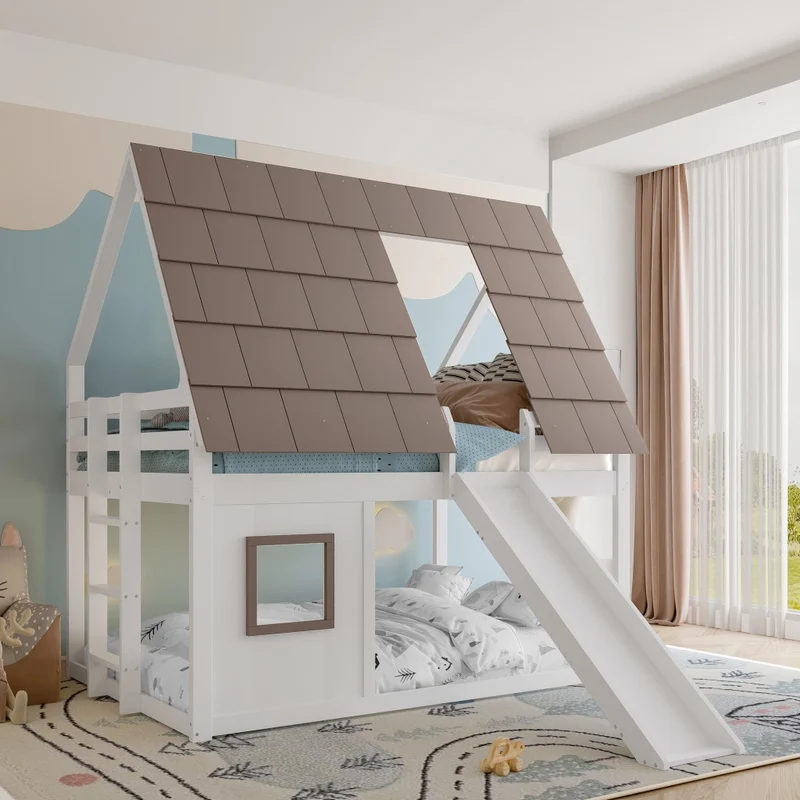 Letto a castello 140x200 cm a casetta in legno con tetto; scala e scivolo; bianco e marrone