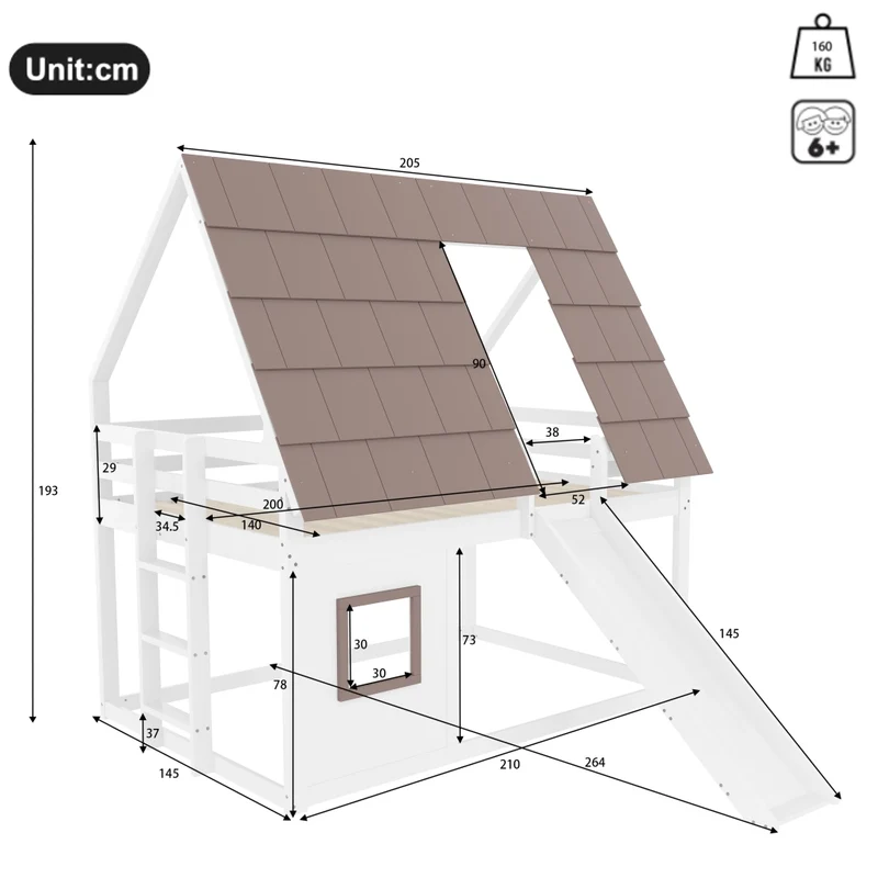 Letto a castello 140x200 cm a casetta in legno con tetto; scala e scivolo; bianco e marrone