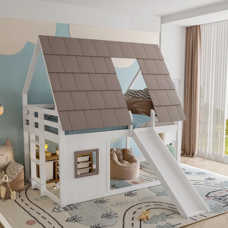 Letto a castello 140x200 cm a casetta in legno con tetto; scala e scivolo; bianco e marrone
