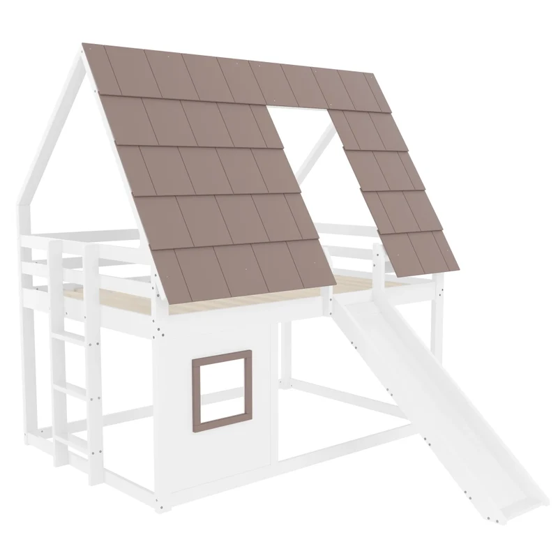 Letto a castello 140x200 cm a casetta in legno con tetto; scala e scivolo; bianco e marrone