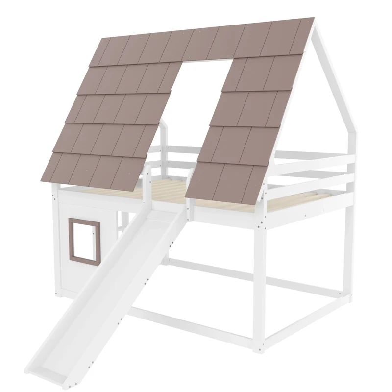 Letto a castello 140x200 cm a casetta in legno con tetto; scala e scivolo; bianco e marrone