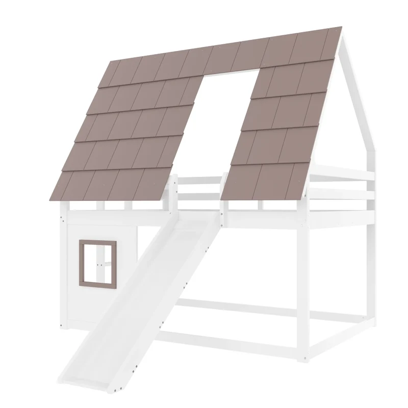 Letto a castello 140x200 cm a casetta in legno con tetto; scala e scivolo; bianco e marrone