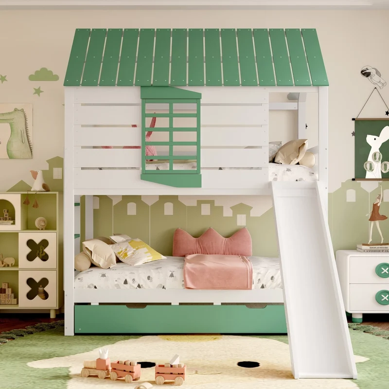 Letto a castello a forma di casa 90x200 cm con scivolo e letto estraibile; pino e MDF; bianco e verde
