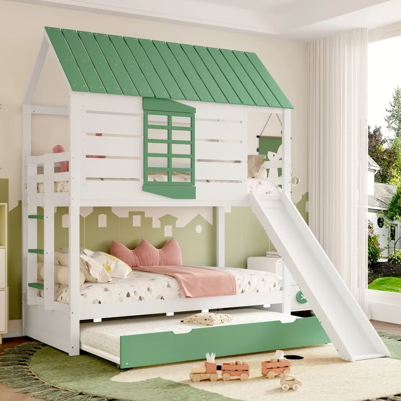Letto a castello a forma di casa 90x200 cm con scivolo e letto estraibile; pino e MDF; bianco e verde