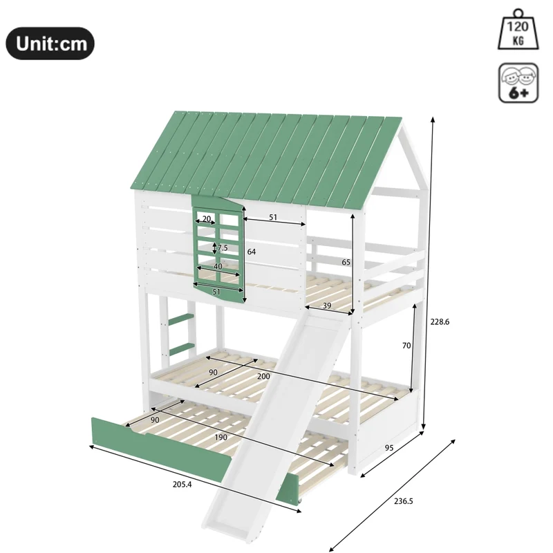 Letto a castello a forma di casa 90x200 cm con scivolo e letto estraibile; pino e MDF; bianco e verde