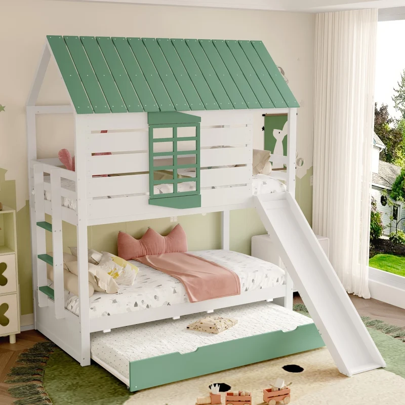 Letto a castello a forma di casa 90x200 cm con scivolo e letto estraibile; pino e MDF; bianco e verde