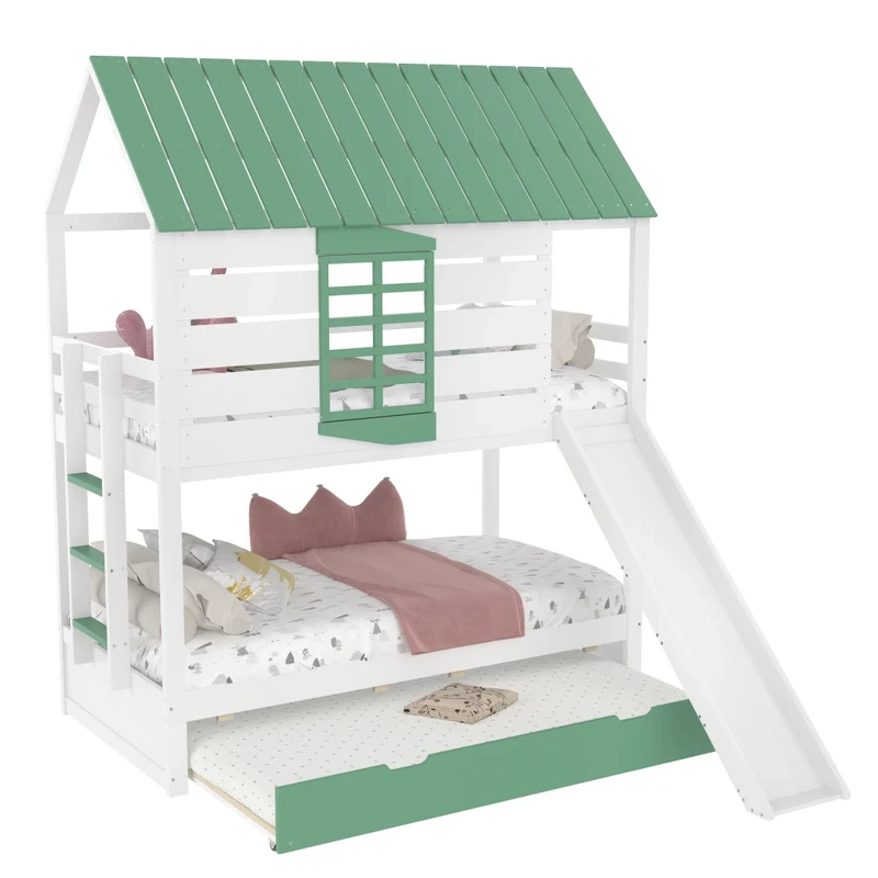 Letto a castello a forma di casa 90x200 cm con scivolo e letto estraibile; pino e MDF; bianco e verde
