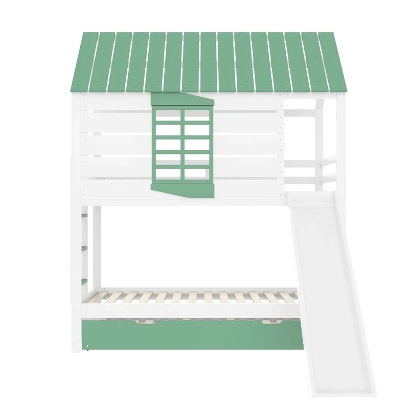 Letto a castello a forma di casa 90x200 cm con scivolo e letto estraibile; pino e MDF; bianco e verde