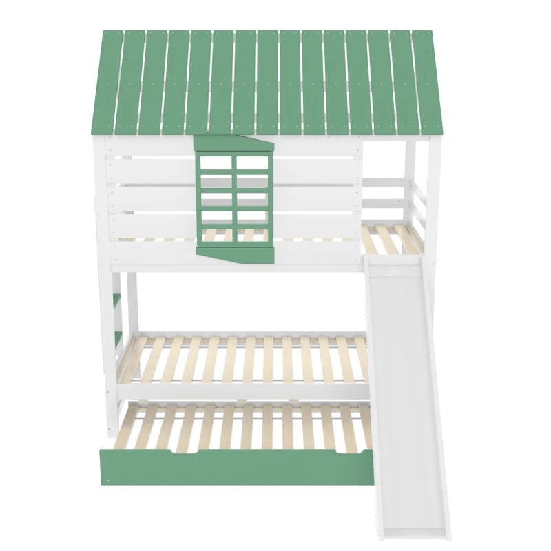 Letto a castello a forma di casa 90x200 cm con scivolo e letto estraibile; pino e MDF; bianco e verde
