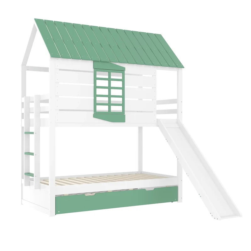 Letto a castello a forma di casa 90x200 cm con scivolo e letto estraibile; pino e MDF; bianco e verde