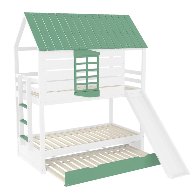 Letto a castello a forma di casa 90x200 cm con scivolo e letto estraibile; pino e MDF; bianco e verde
