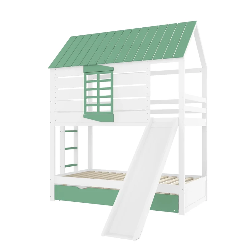 Letto a castello a forma di casa 90x200 cm con scivolo e letto estraibile; pino e MDF; bianco e verde