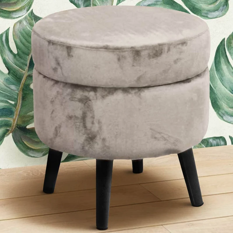 Pouf Contenitore Ø37x40 cm Sgabello Cassapanca Poggiapiedi Tessuto Velluto Tortora