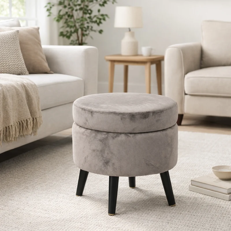 Pouf Contenitore Ø37x40 cm Sgabello Cassapanca Poggiapiedi Tessuto Velluto Tortora
