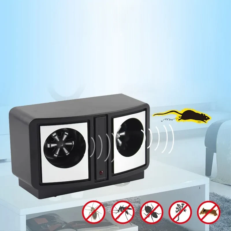 Dissuasore Doppio con Ultrasuoni per Roditori Ratti Talpe Scarafaggi Scaccia Topi in ABS e PVC Nero