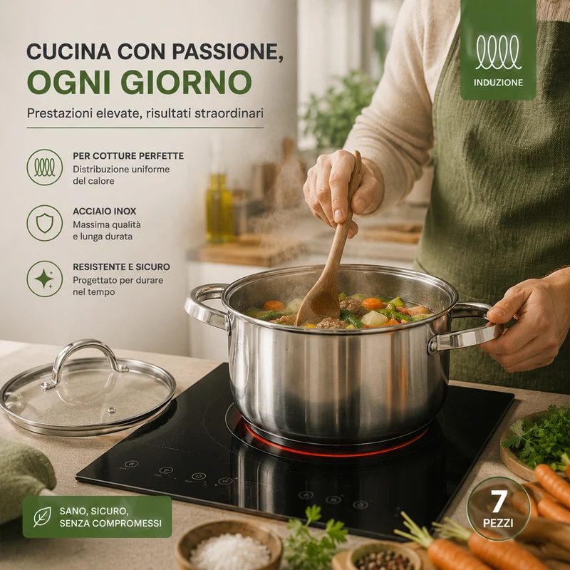 Batteria di Pentole 7 Pezzi Pentole con Coperchi in Vetro in Acciaio Inox