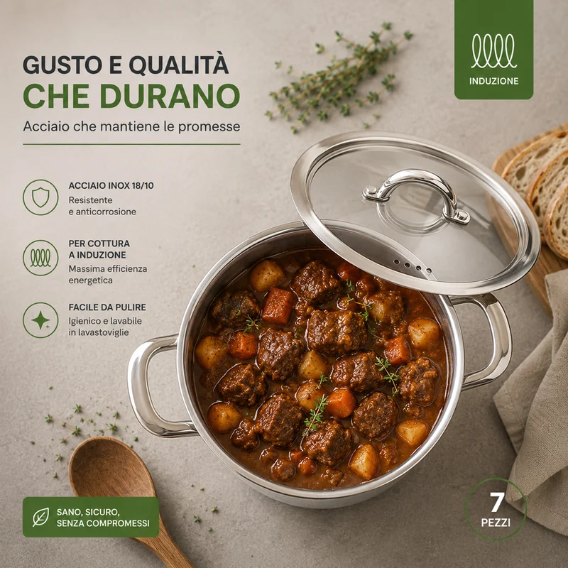 Batteria di Pentole 7 Pezzi Pentole con Coperchi in Vetro in Acciaio Inox