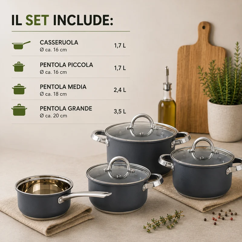 Batteria di Pentole 7 Pezzi Pentole Adatte a Tutti Piani Cottura con Coperchi in Acciaio Inox Grigio