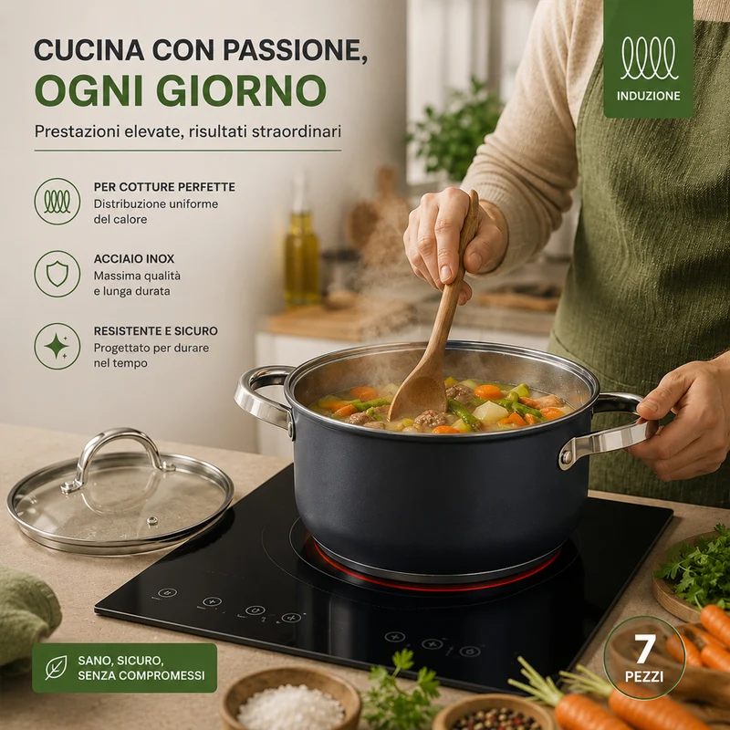 Batteria di Pentole 7 Pezzi Pentole Adatte a Tutti Piani Cottura con Coperchi in Acciaio Inox Grigio