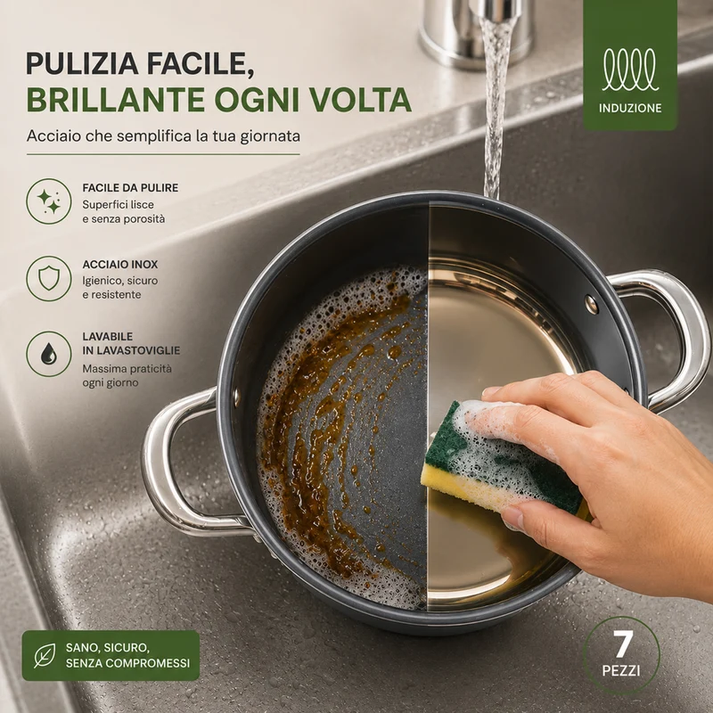 Batteria di Pentole 7 Pezzi Pentole Adatte a Tutti Piani Cottura con Coperchi in Acciaio Inox Grigio