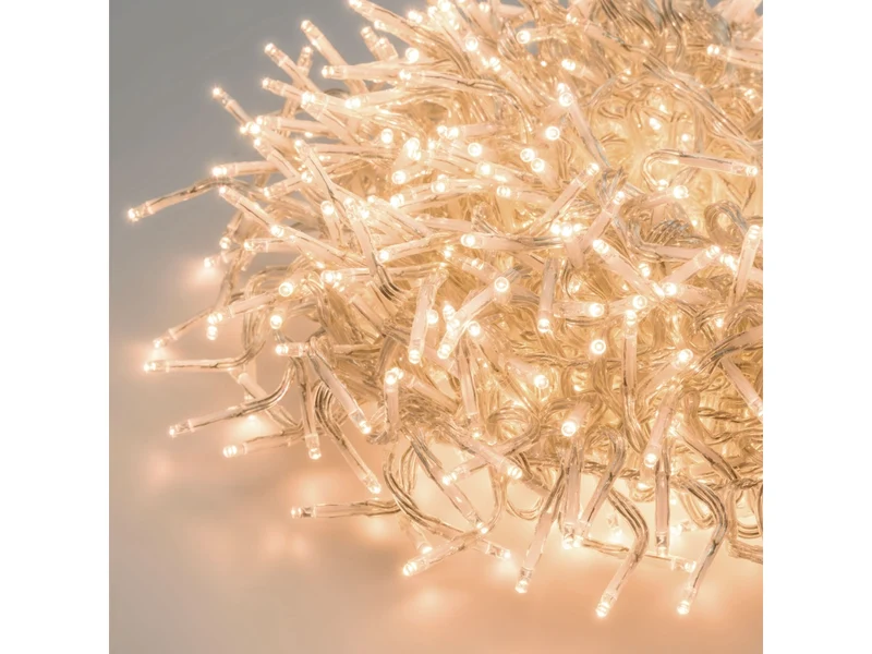 Catena cluster 1500 mini led bianco caldo luce fissa con filo trasparente 15+4mt per alberi da 180-300cm, uso interno ed esterno