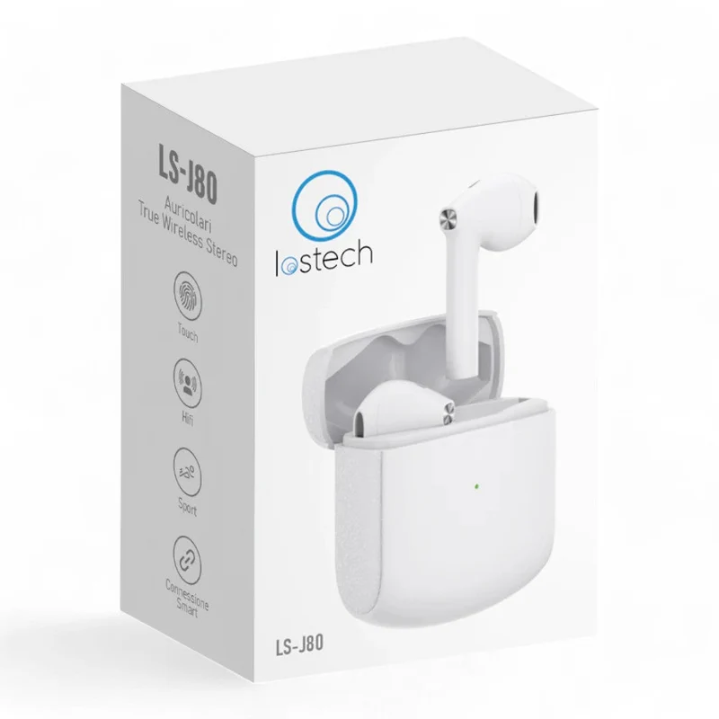 Auricolari wireless bluetooth v5.1 bianchi autonomia 6.5 ore batteria 40mah custodia ricarica 300mah 10 15m