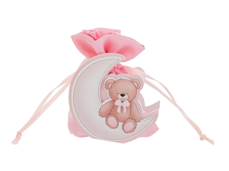 Sacchetto con orso su luna in legno 7x3,5xh.7cm rosa