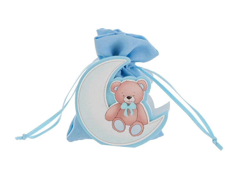 Sacchetto con orso su luna in legno 7x3,5xh.7cm celeste