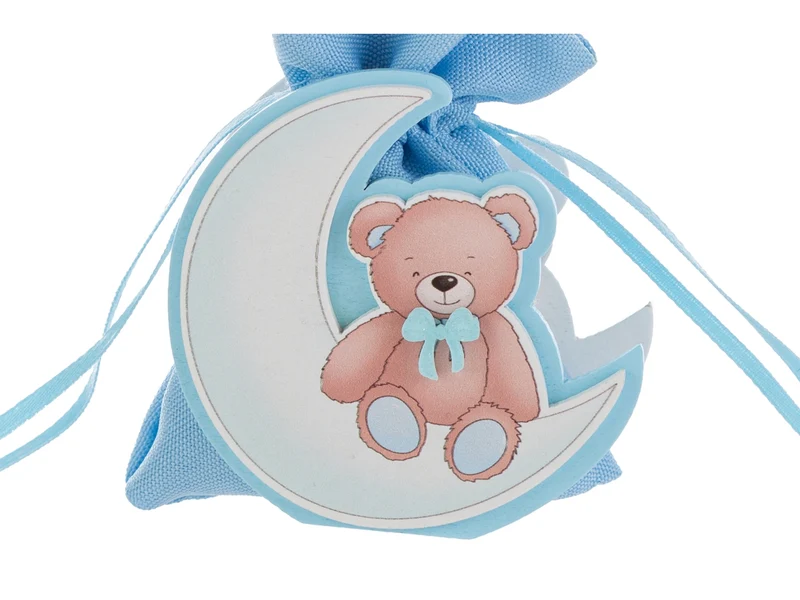 Sacchetto con orso su luna in legno 7x3,5xh.7cm celeste