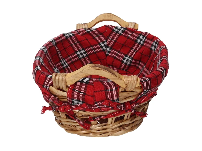 Cesta vimini naturale con fodera scozzese rosso ovale cm33x24h11,5