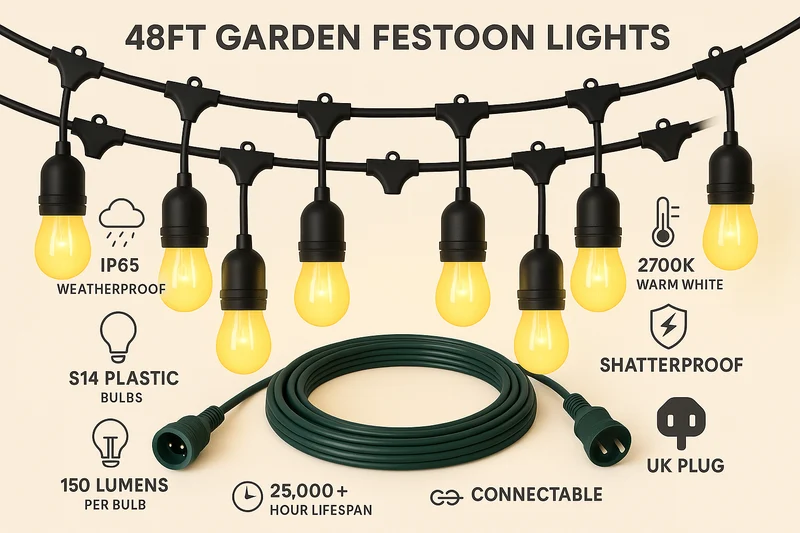 Festelio Tuinverlichting – 48FT Lichtslinger met 15 LED-Lampen & Warme 2700K Gloed