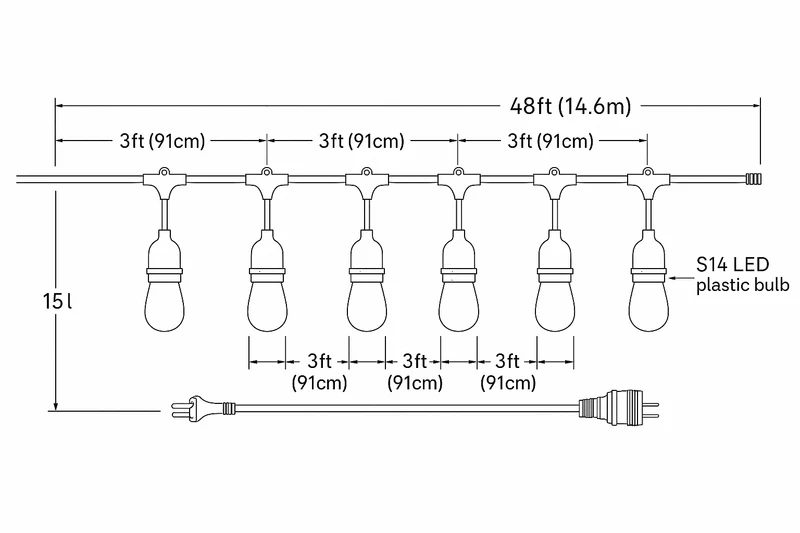 Festelio Tuinverlichting – 48FT Lichtslinger met 15 LED-Lampen & Warme 2700K Gloed
