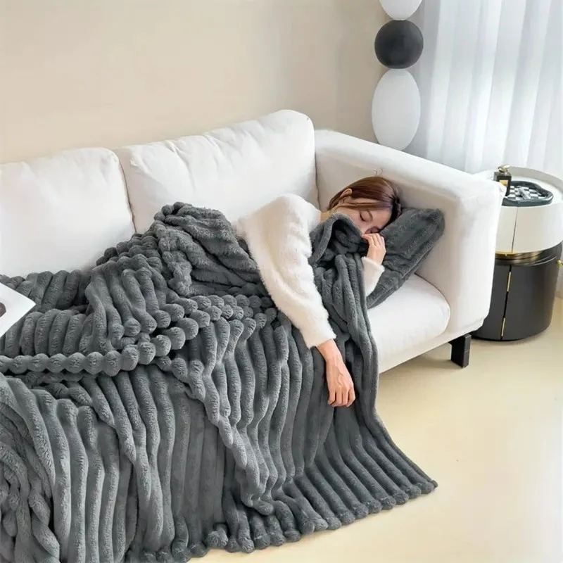 Fluffy striped throw blanket for sofa, bed, and living room