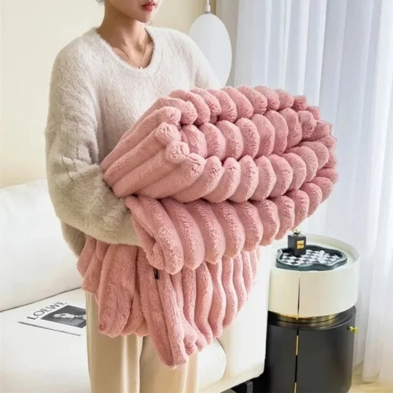 Fluffy striped throw blanket for sofa, bed, and living room