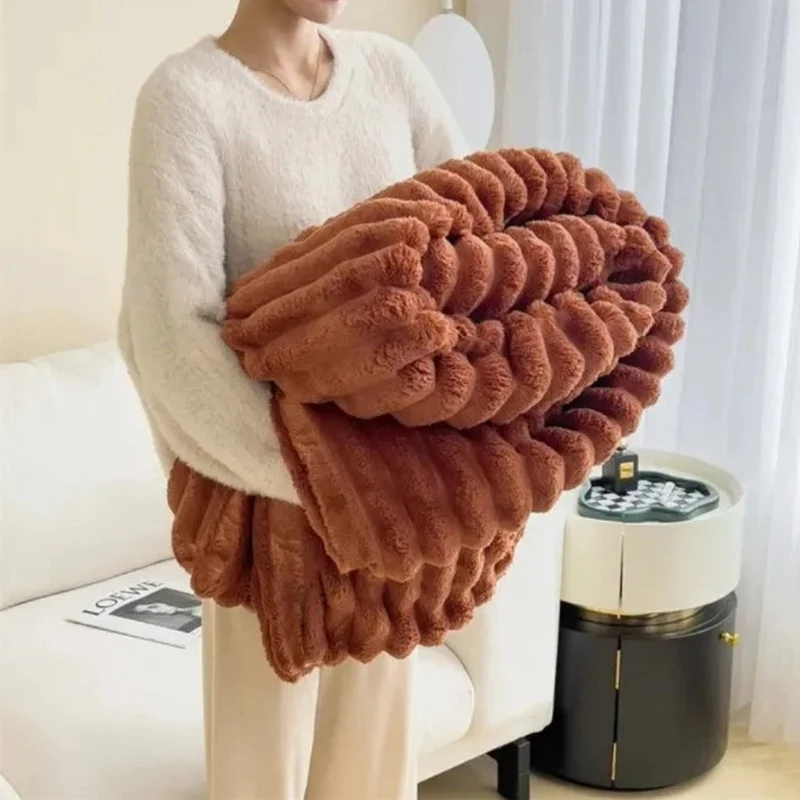 Fluffy striped throw blanket for sofa, bed, and living room