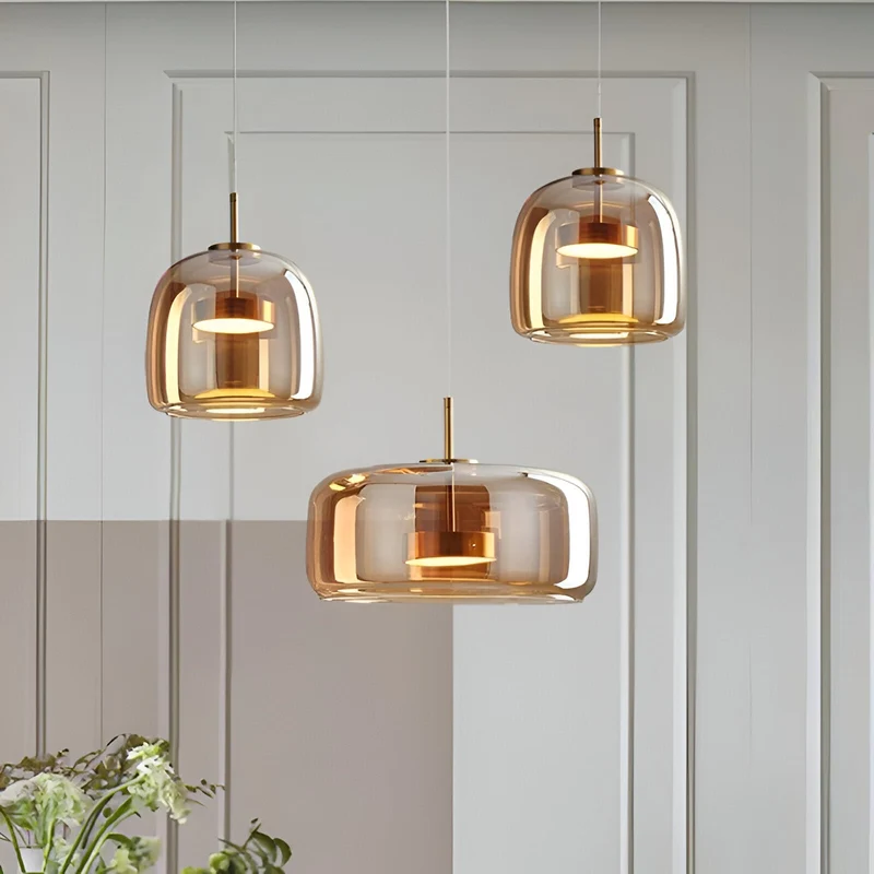 Retro-style ceiling lamp with triple glass shade and adjustable LED lighting