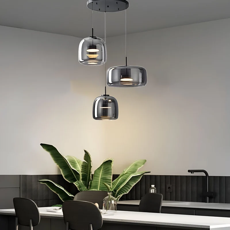 Retro-style ceiling lamp with triple glass shade and adjustable LED lighting