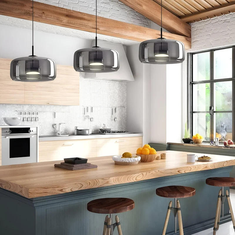 Retro-style ceiling lamp with triple glass shade and adjustable LED lighting