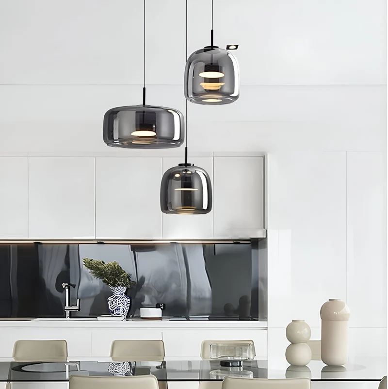 Retro-style ceiling lamp with triple glass shade and adjustable LED lighting