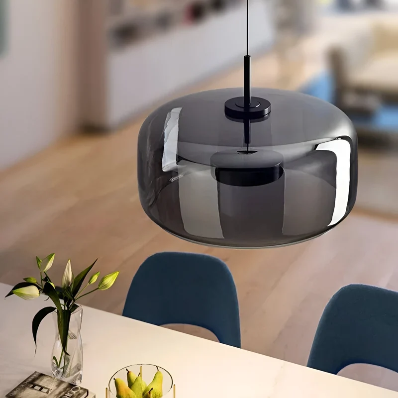 Retro-style ceiling lamp with triple glass shade and adjustable LED lighting