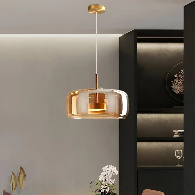 Retro-style ceiling lamp with triple glass shade and adjustable LED lighting