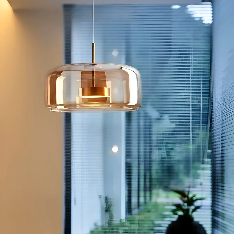 Retro-style ceiling lamp with triple glass shade and adjustable LED lighting