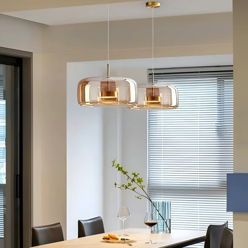 Retro-style ceiling lamp with triple glass shade and adjustable LED lighting