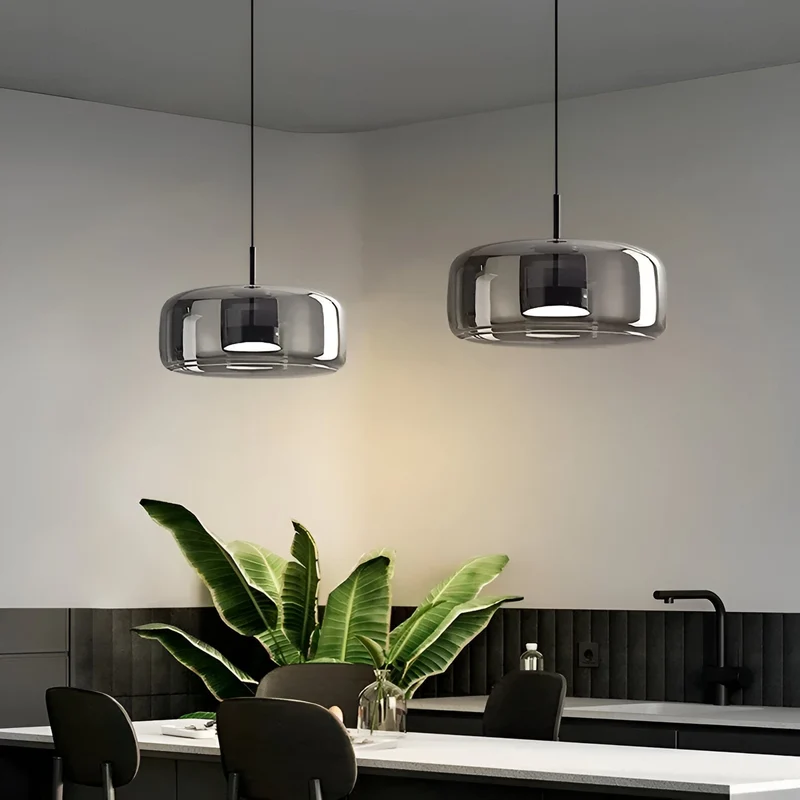 Retro-style ceiling lamp with triple glass shade and adjustable LED lighting